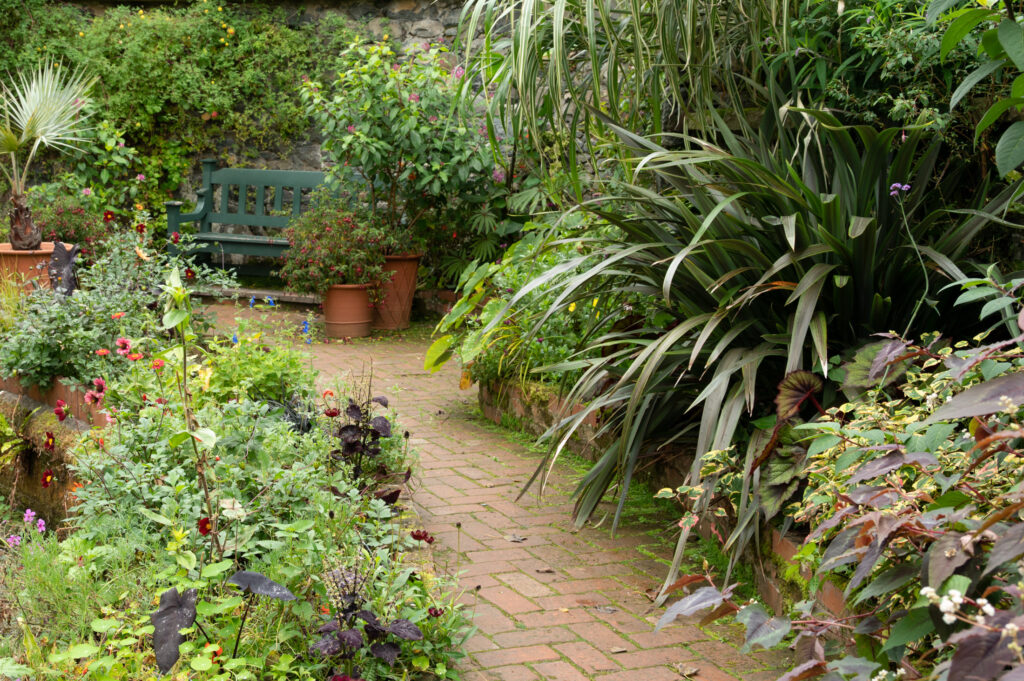 Garden path leading to a seating area creating visual flow.